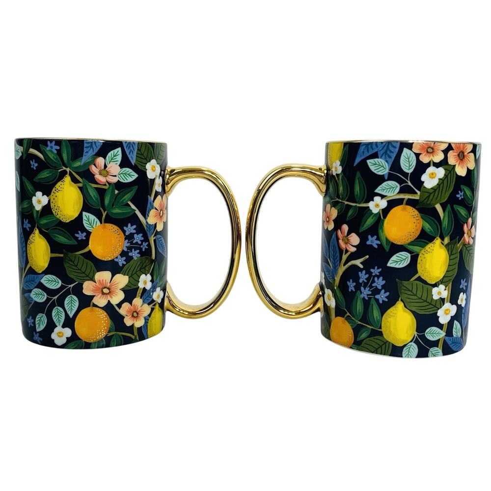 ANTHROPOLOGIE x RIFLE PAPER CO Pair 16oz Mugs Citrus Grove Black Gold Floral EUC